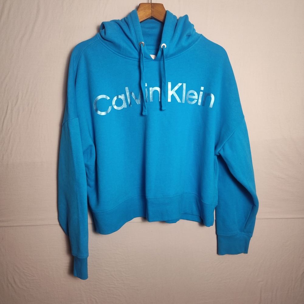 Calvin Klein Jeans Womens XXL Blue Metallic Logo Cropped Hoodie Sweatshirt